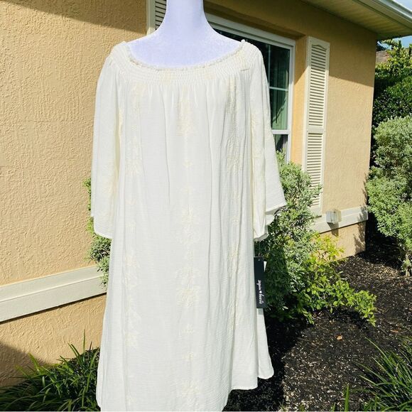 SEQUIN HEARTS OFF WHITE/IVORY WHIMSICAL PRINT OFF THE SHOULDER DRESS NWT - Picture 4 of 17